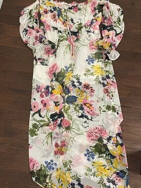 Paris to Lena White Floral Off-Shoulder Dress with Pink & Yellow Blooms